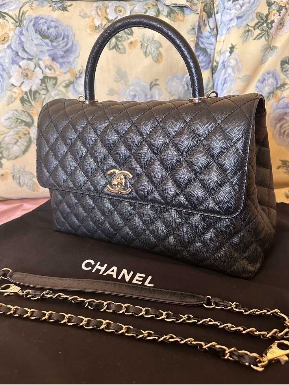 Chanel Black Quilted Caviar Top Handle Bag with Gold Hardware
